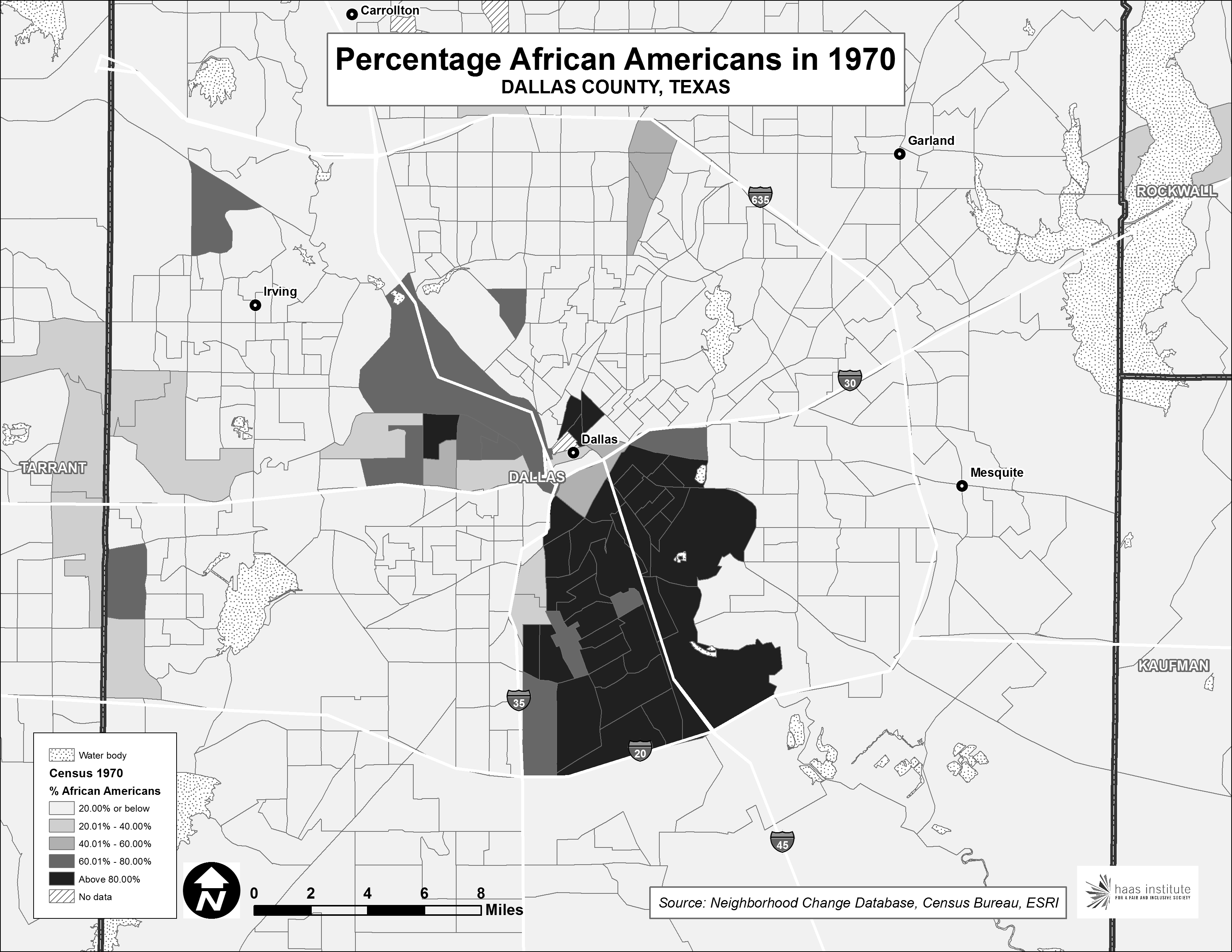 The percentage of African Americans, by census tract, in Dallas County, in 1970. 