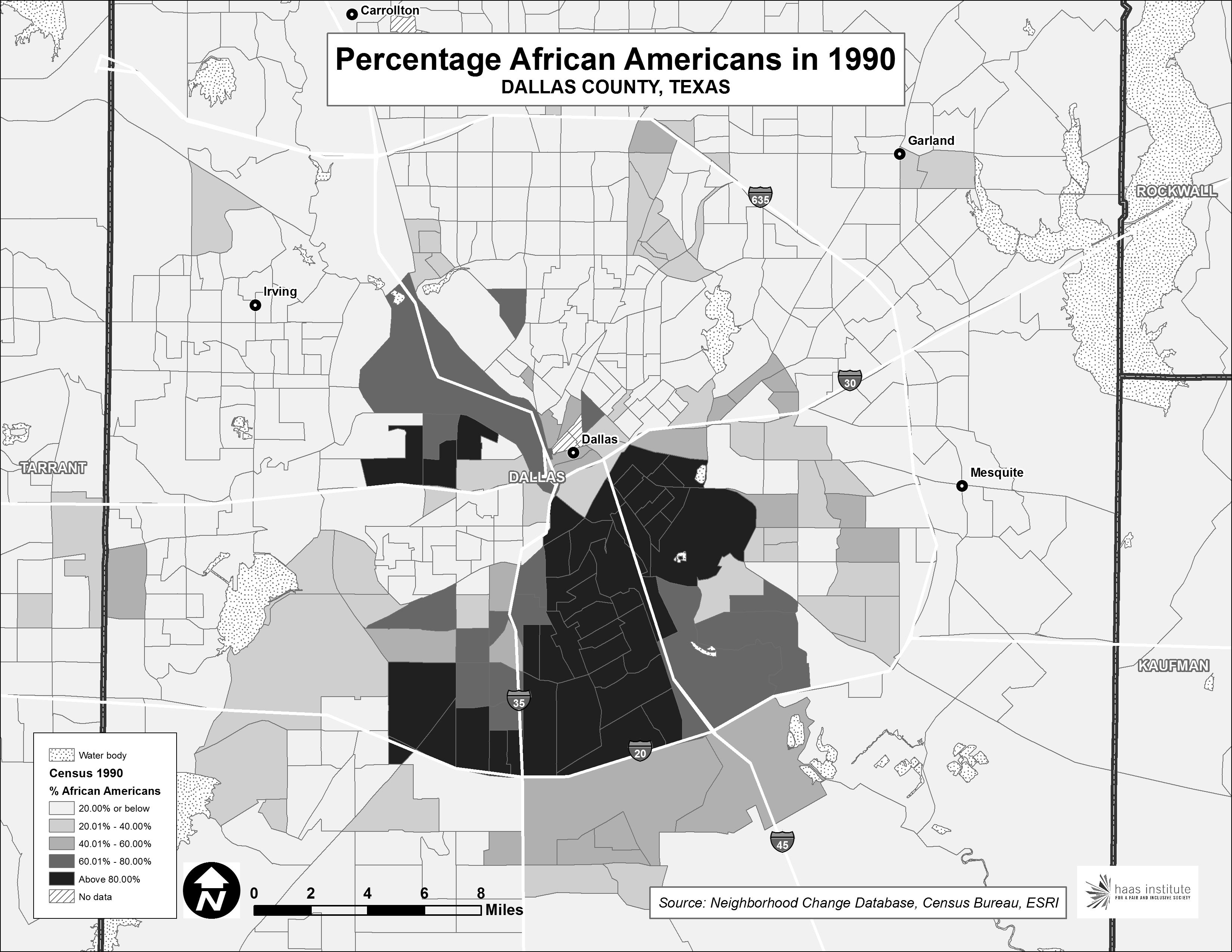 The percentage of African Americans, by census tract, in Dallas County, in 1990. 