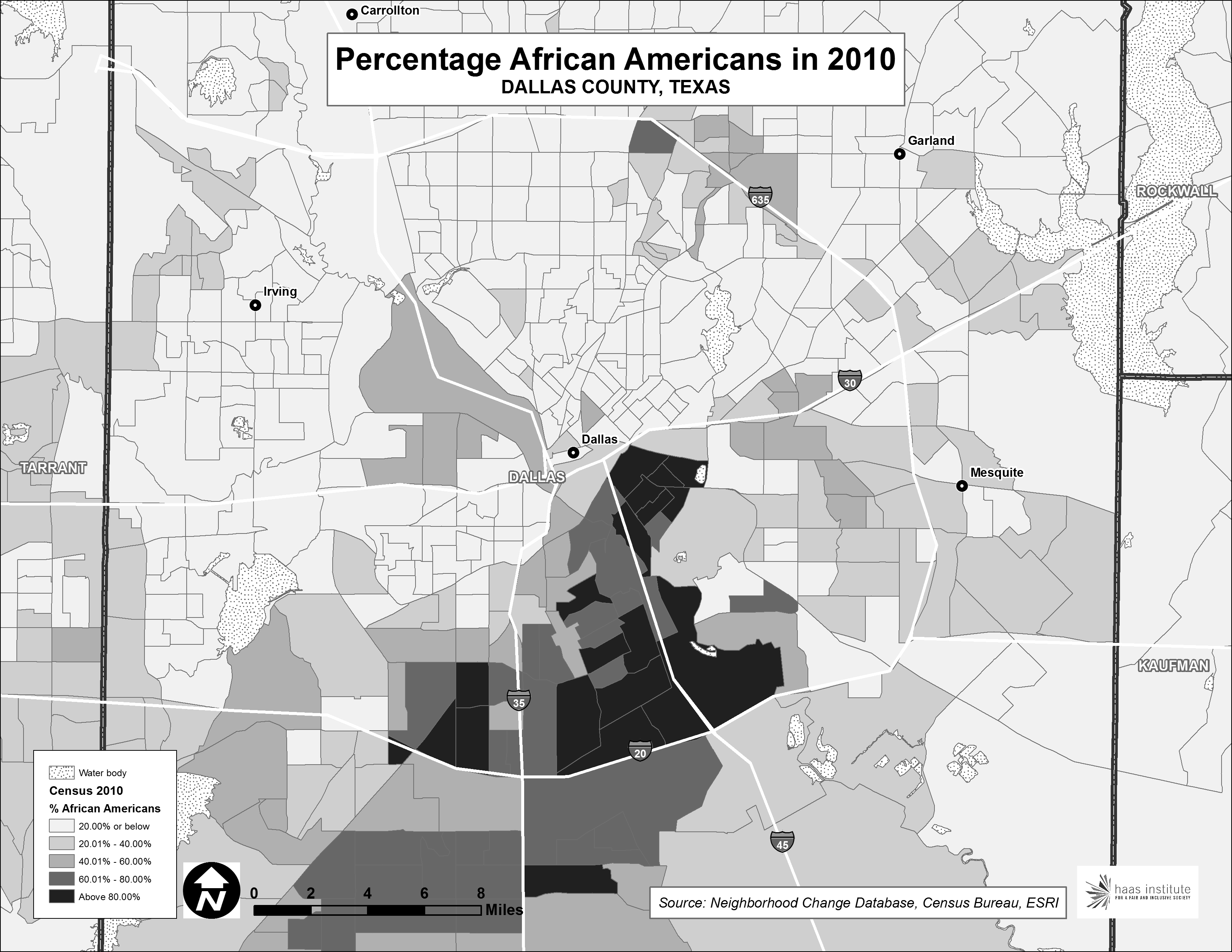 The percentage of African Americans, by census tract, in Dallas County, in 2010.