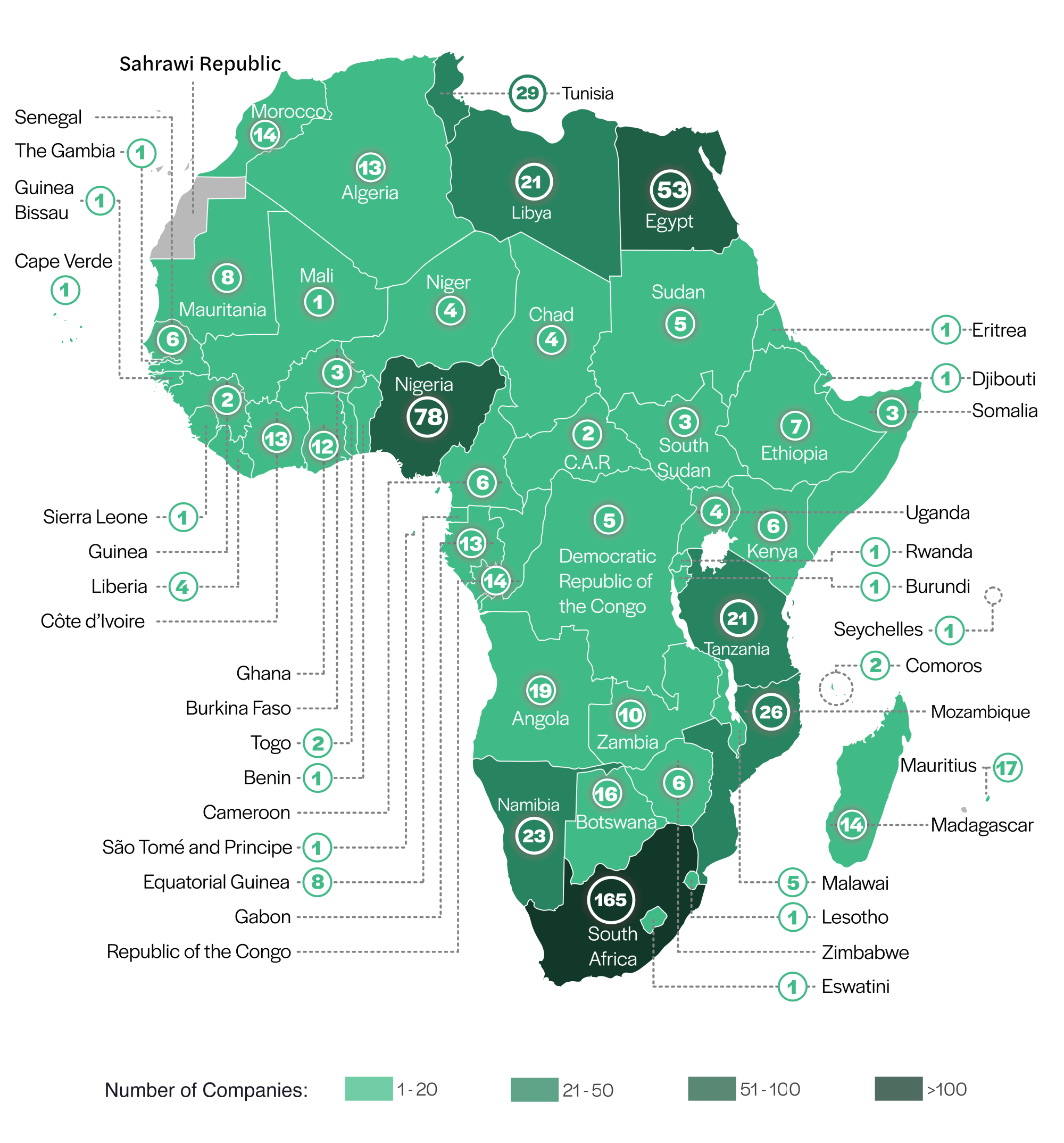 Map displaying number of fossil fuel companies operating in African countries 
