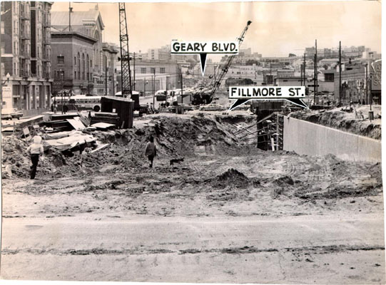 As part of the San Francisco Redevelopment Agency’s "slum clearance" effort, buildings in the Western Addition were razed with no intent to rebuild for displaced residents. Courtesy of San Francisco History Center, San Francisco Public Library.