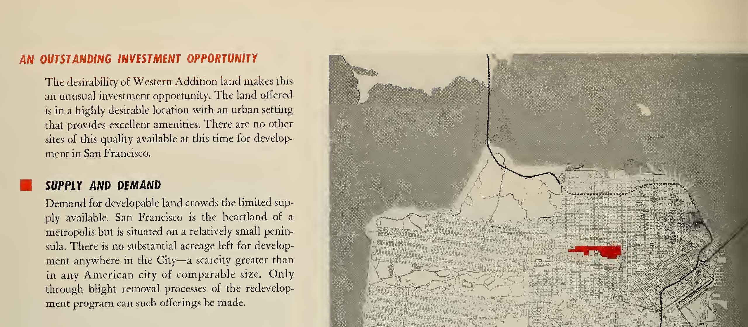 Excerpt from a page from the San Francisco Redevelopment Agency’s 1960 brochure advertising land for sale in the Western Addition through the urban renewal program. Courtesy of San Francisco History Center, San Francisco Public Library