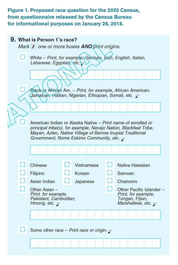 Figure 1 includes a proposed race question for the 2020 census, from questionnaire released by the Census Bureau for information purposes on January 26, 2018.  