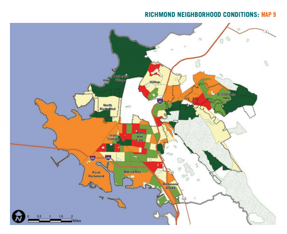 Map 9 showcases Richmond neighborhood conditions based on change in median household income 