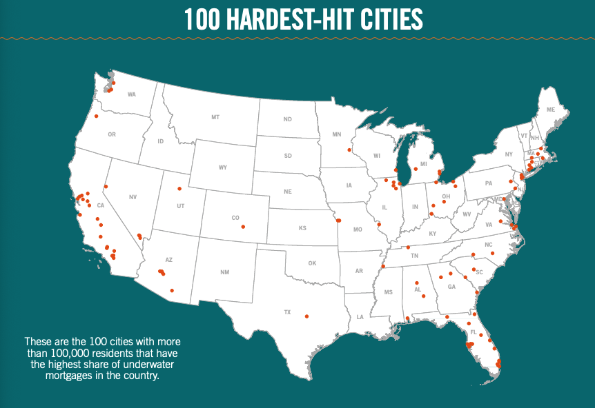 This infographic includes a map showcasing the 100 hardest hit cities. These are the 100 cities with more than 100,000 residents that have the highest share of underwater mortgages in the country.