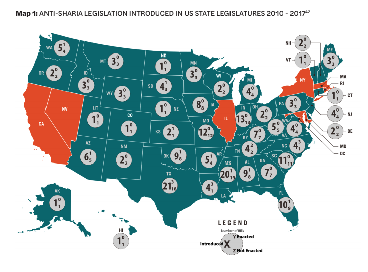 Map 1: showcases Anti-Sharia legislation introduced in US legislature 2010-2017 