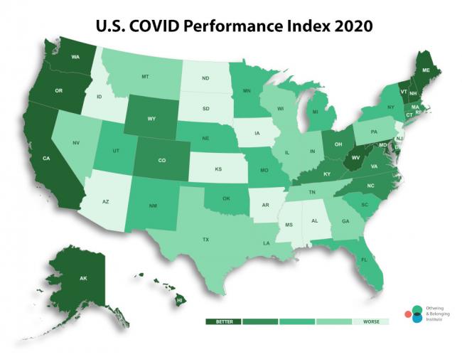 Map of the US showing Covid rankings