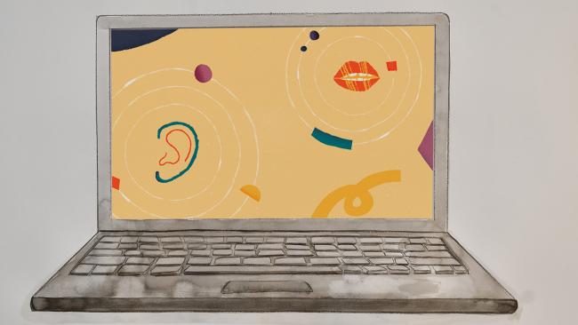 An illustrated laptop depicts floating shapes and images