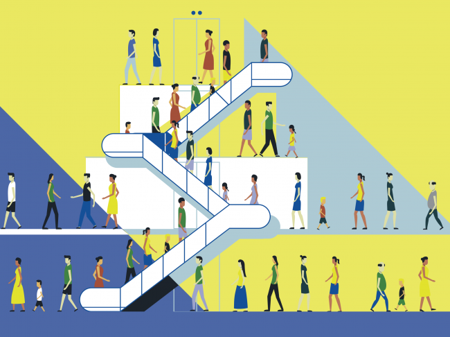 An illustration featuring tens of people ascending an escalator at four different levels. The escalator zig-zags left and right, alternating at each level. The illustration is on a bright yellow background and blue foreground. 