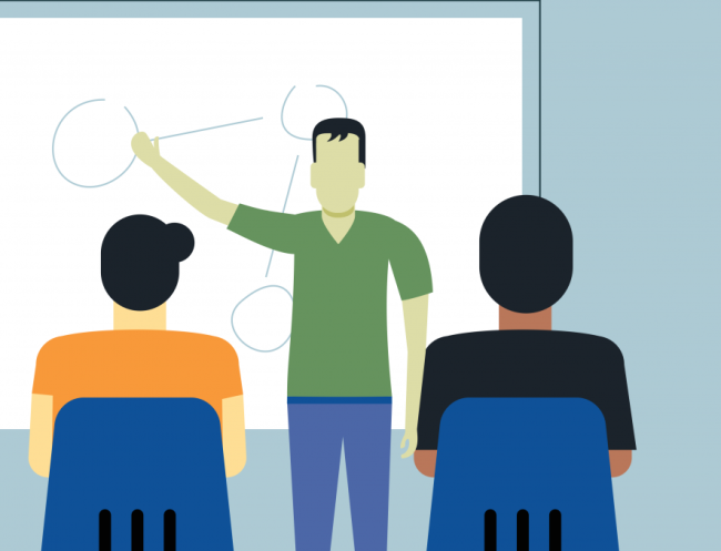 Illustration of a teacher drawing figures on a whiteboard