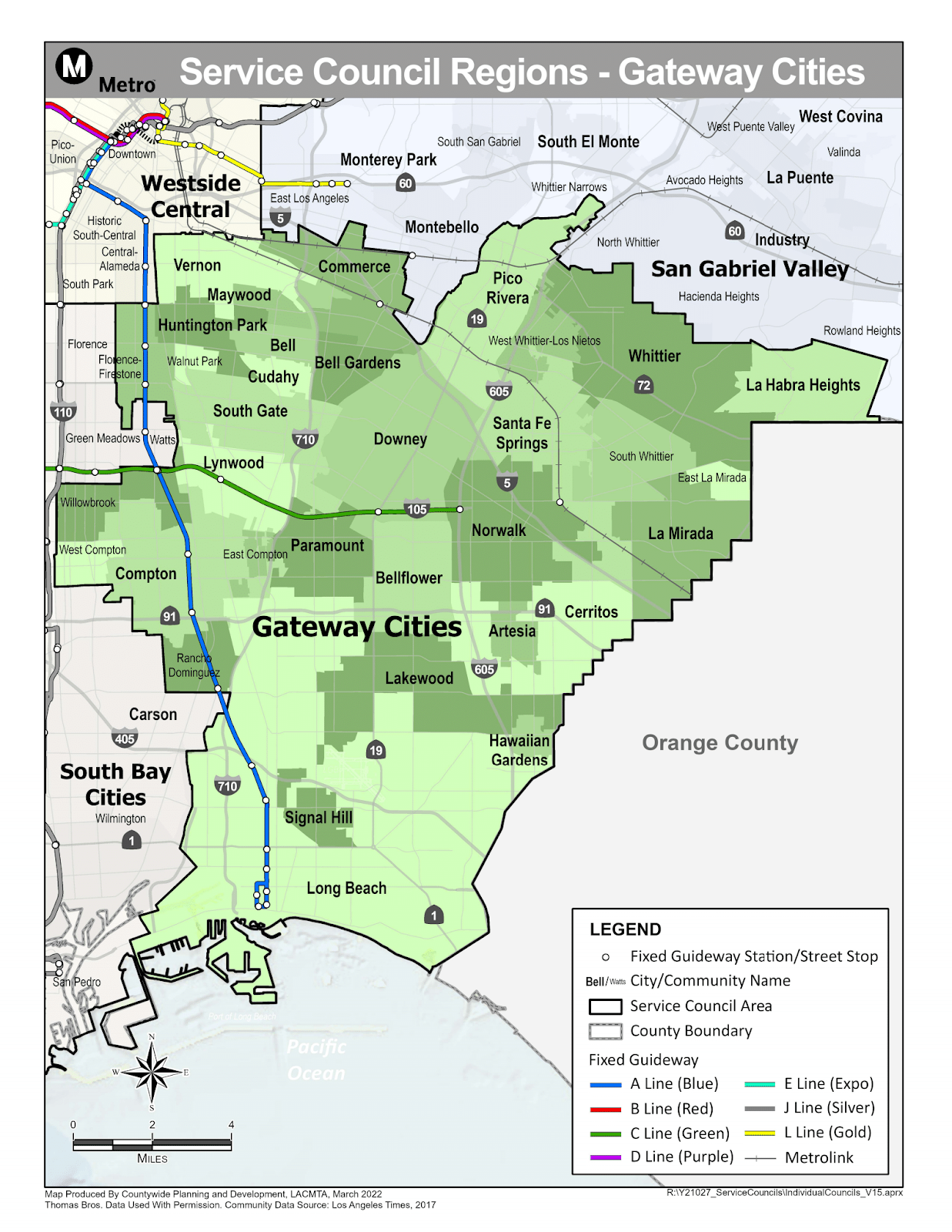 Los Angeles County Map titled "Service Council Regions - Gateway Cities"