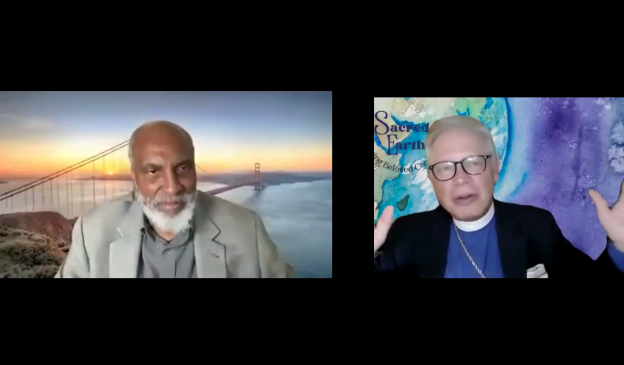 Image grab showing john a powell and Bishop Marc on a webinar