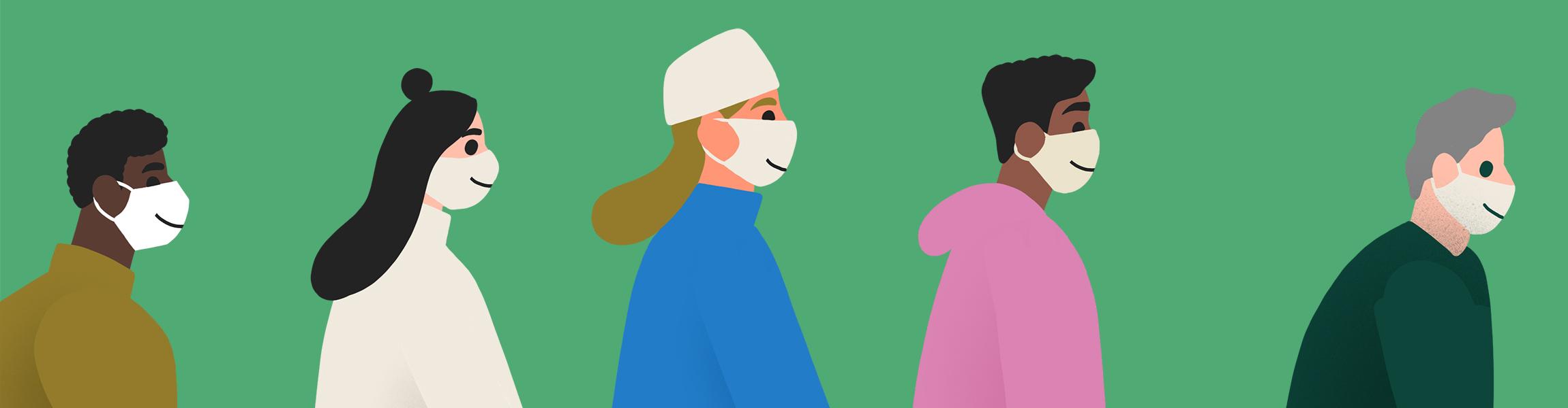 Illustration featuring a people of different races and ages standing in a line; they are all wearing facemasks with a small smile printed on them.
