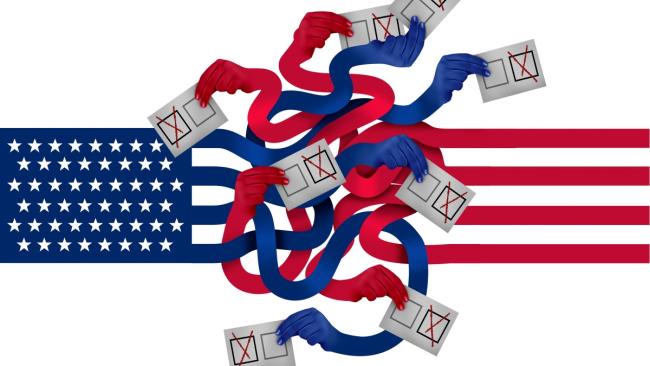 An illustration of a tangle of arms holding voter ballots; one set of arms is red and attached to red stripes, and the other are blue, attached to the blue block and stars from the U.S. flag