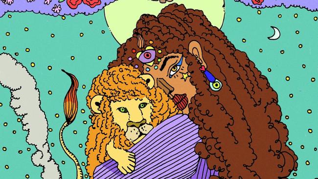 An illustration of a young Brown woman with long curly hair and adorned with jewelry pulls a lion close into her embrace.