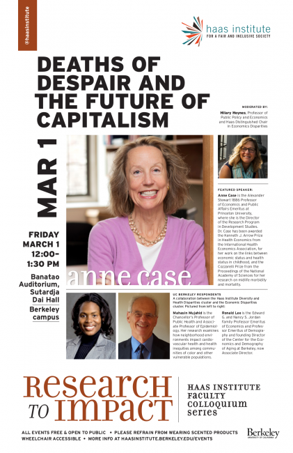 Flier for the Anne Case talk on "Deaths of Despair and the Future of Capitalism"
