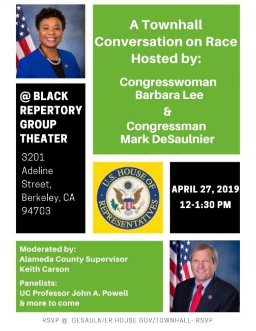 Flier for a town hall meeting hosted by Barbara Lee and including john powell