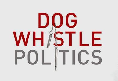 Big red text reads "Bog Whistle Politics." A dangling dog whistle is looped through the O in "Dog" and forms the letter I in "Whistle" and "Politics"