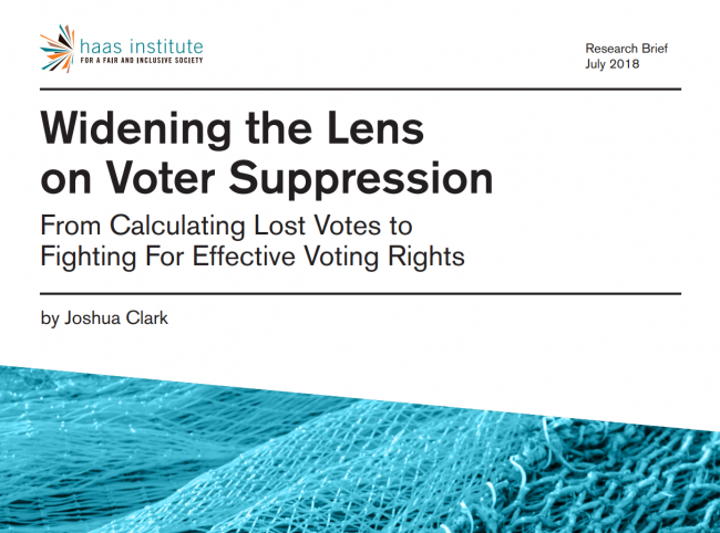 This image is a cover page for the Widening the Lens on Voter Suppression report. 